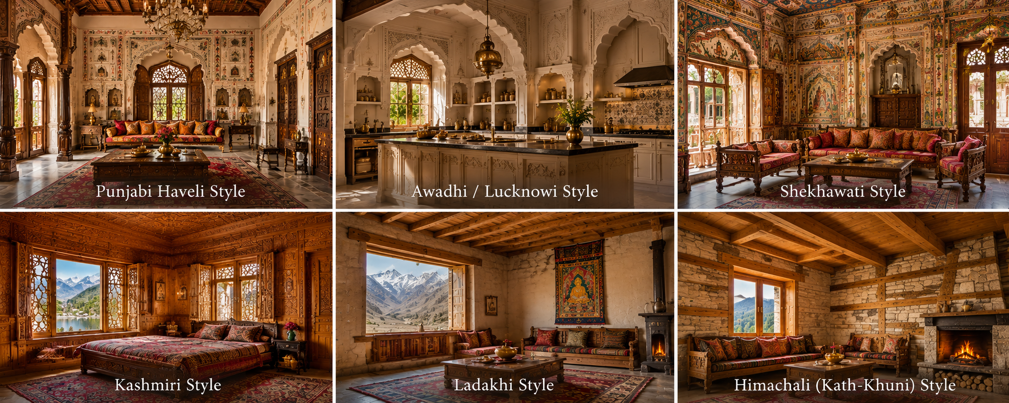 Punjabi Haveli, Awadhi/Lucknowi, Shekhawati, Kashmiri, Ladakhi and Himachali (Kath-Khuni) Home Styles